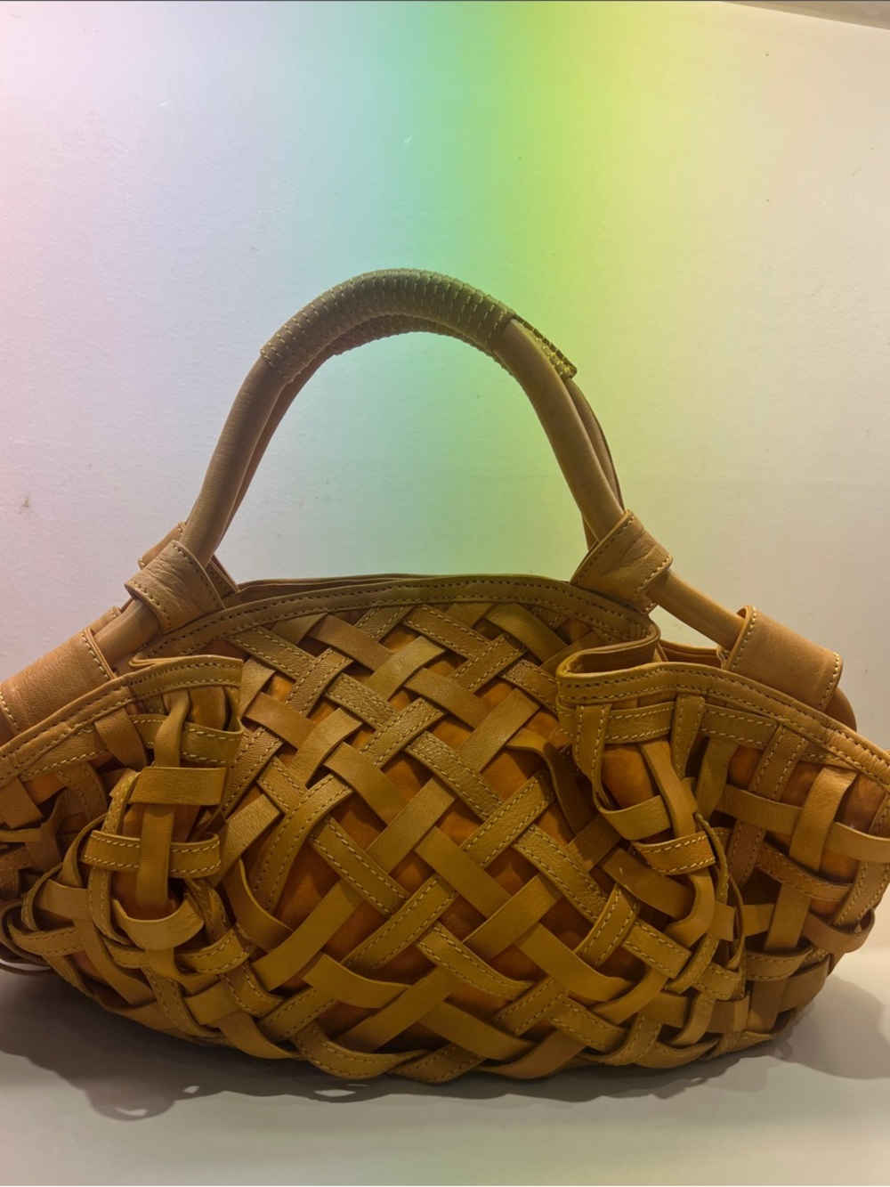 Woven Genuine Leather Tote Bag in Tan - Picture 2 of 9